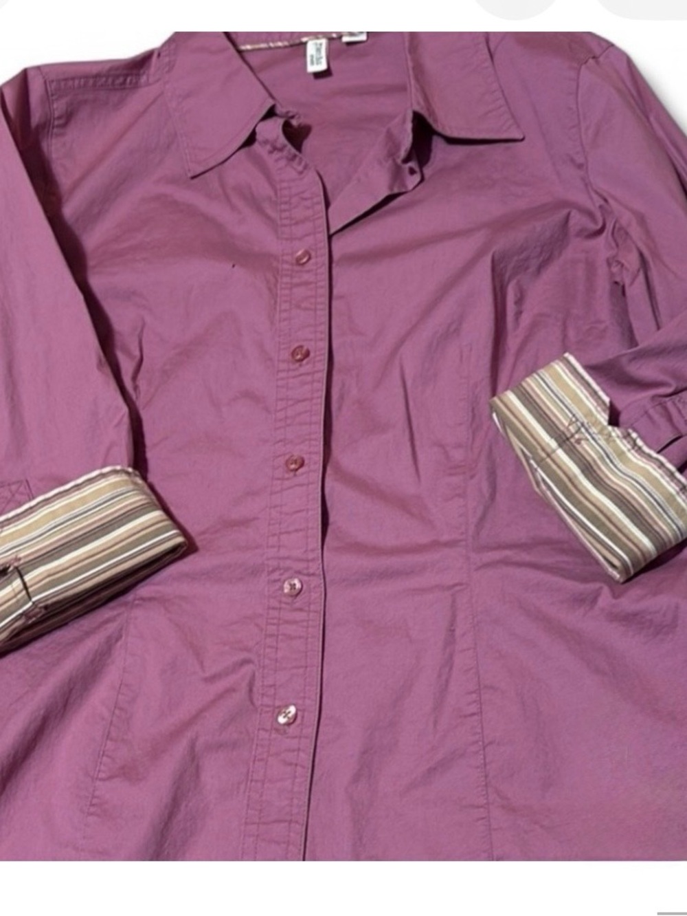 St John's Bay Mauve Purple Button Up Shirt Stretch Contrast Stripe Cuff Womens M